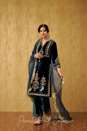 Blue Silk Velvet Punjabi Suit: Luxurious Ethnic Wear for Women