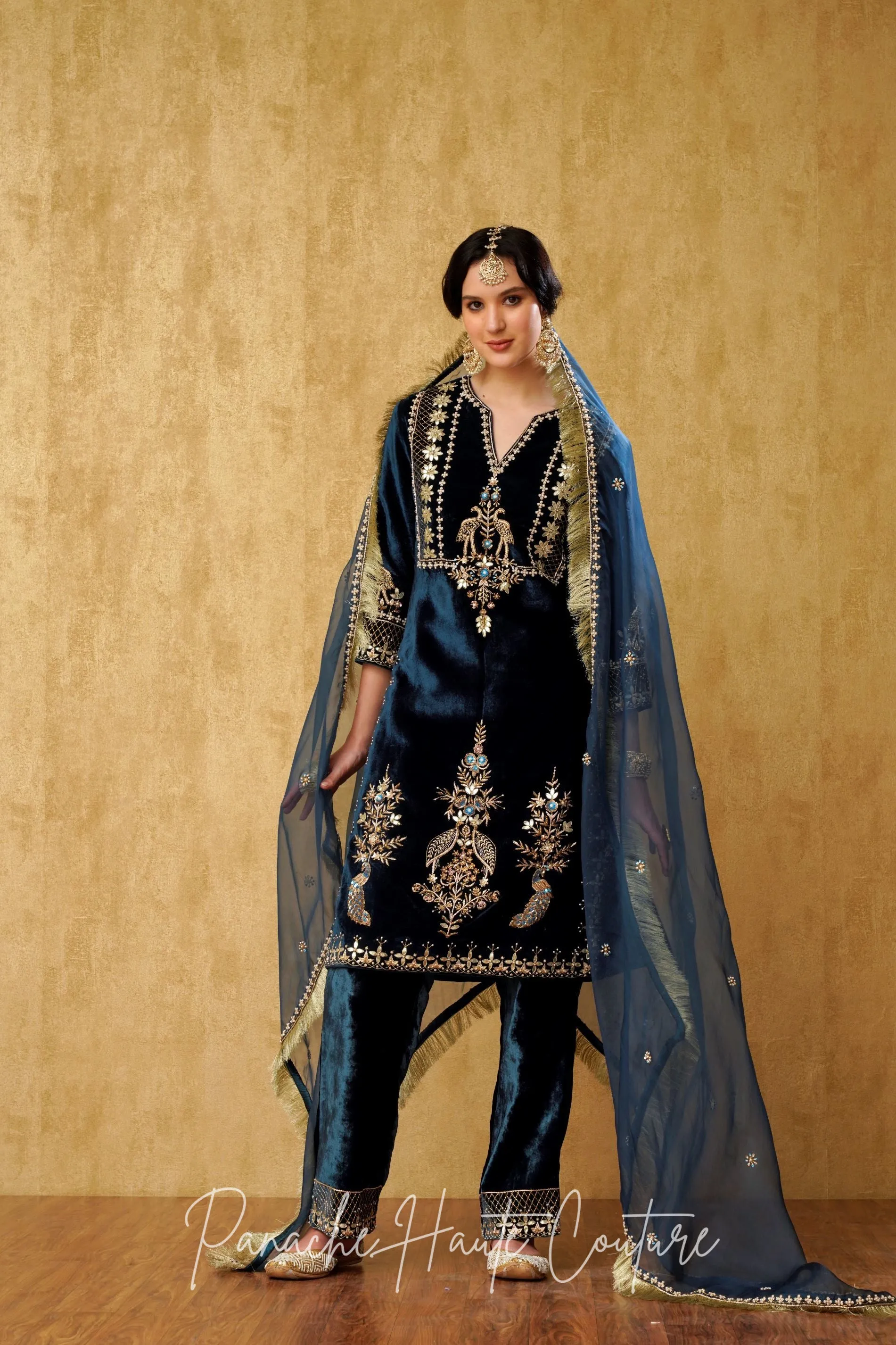 Blue Silk Velvet Punjabi Suit: Luxurious Ethnic Wear for Women