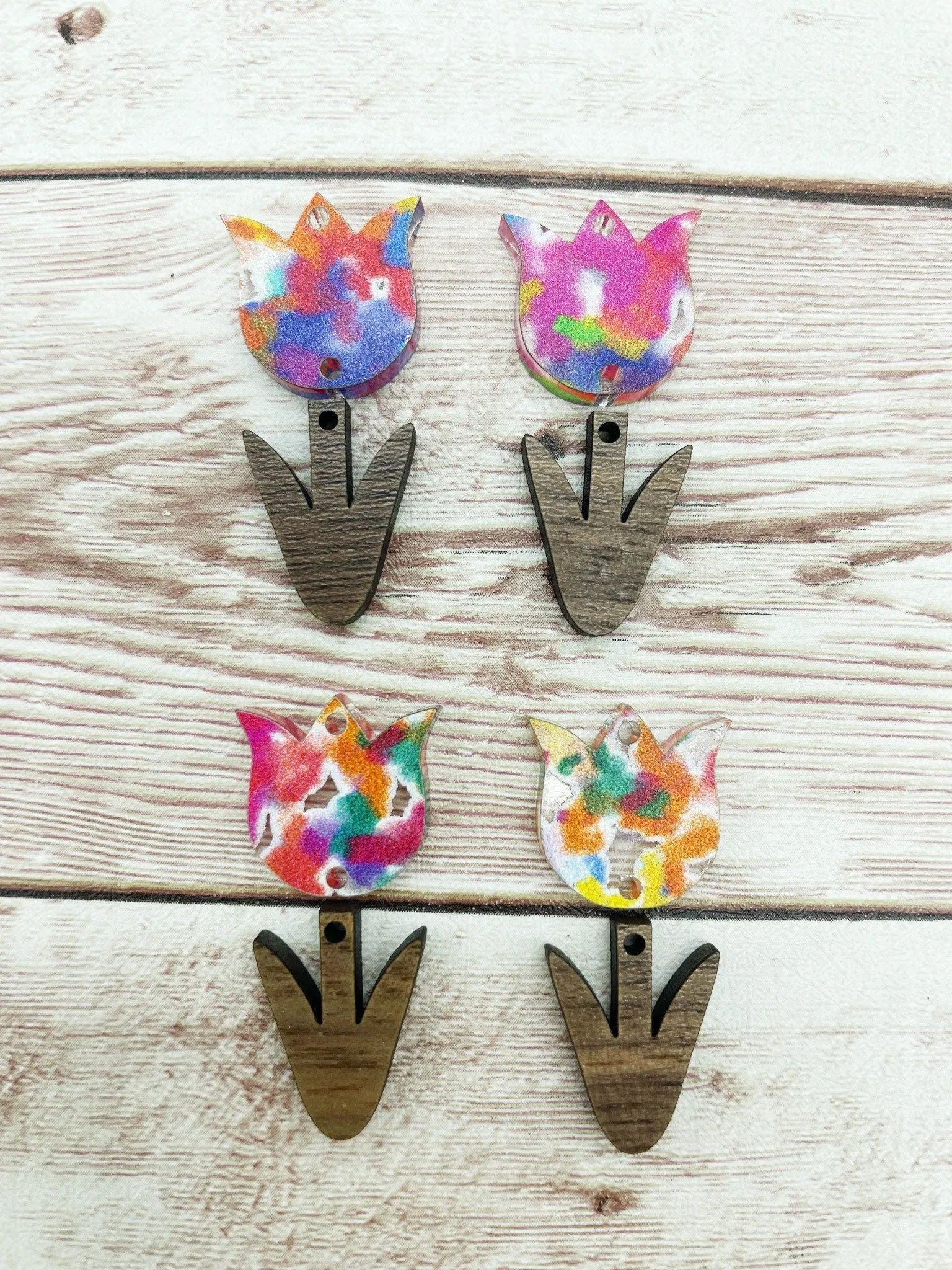 Colorful Acrylic and Wood Tulip Flower Set Earring Blanks, DIY Jewelry Making