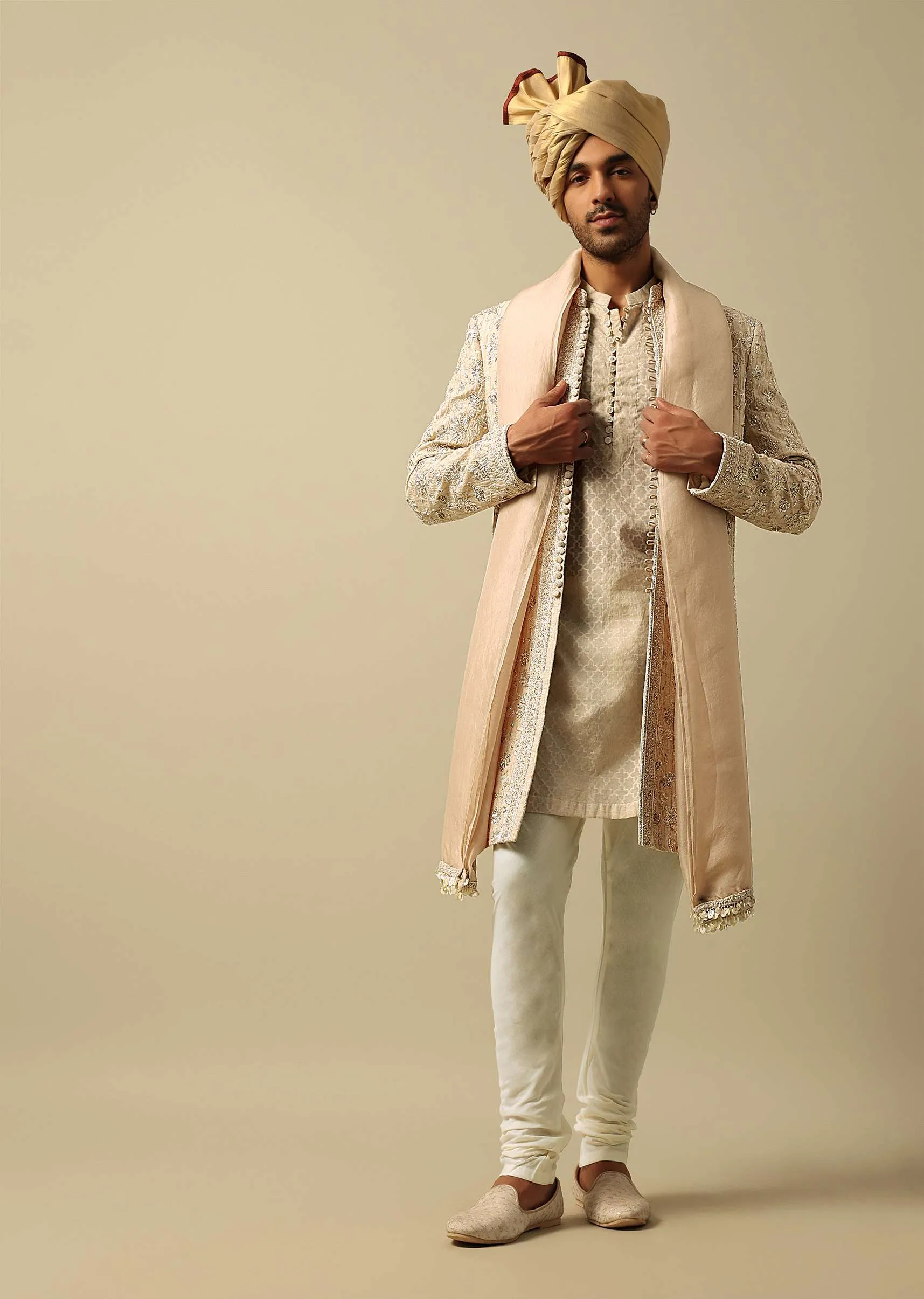 Luxurious Beige Silk Sherwani