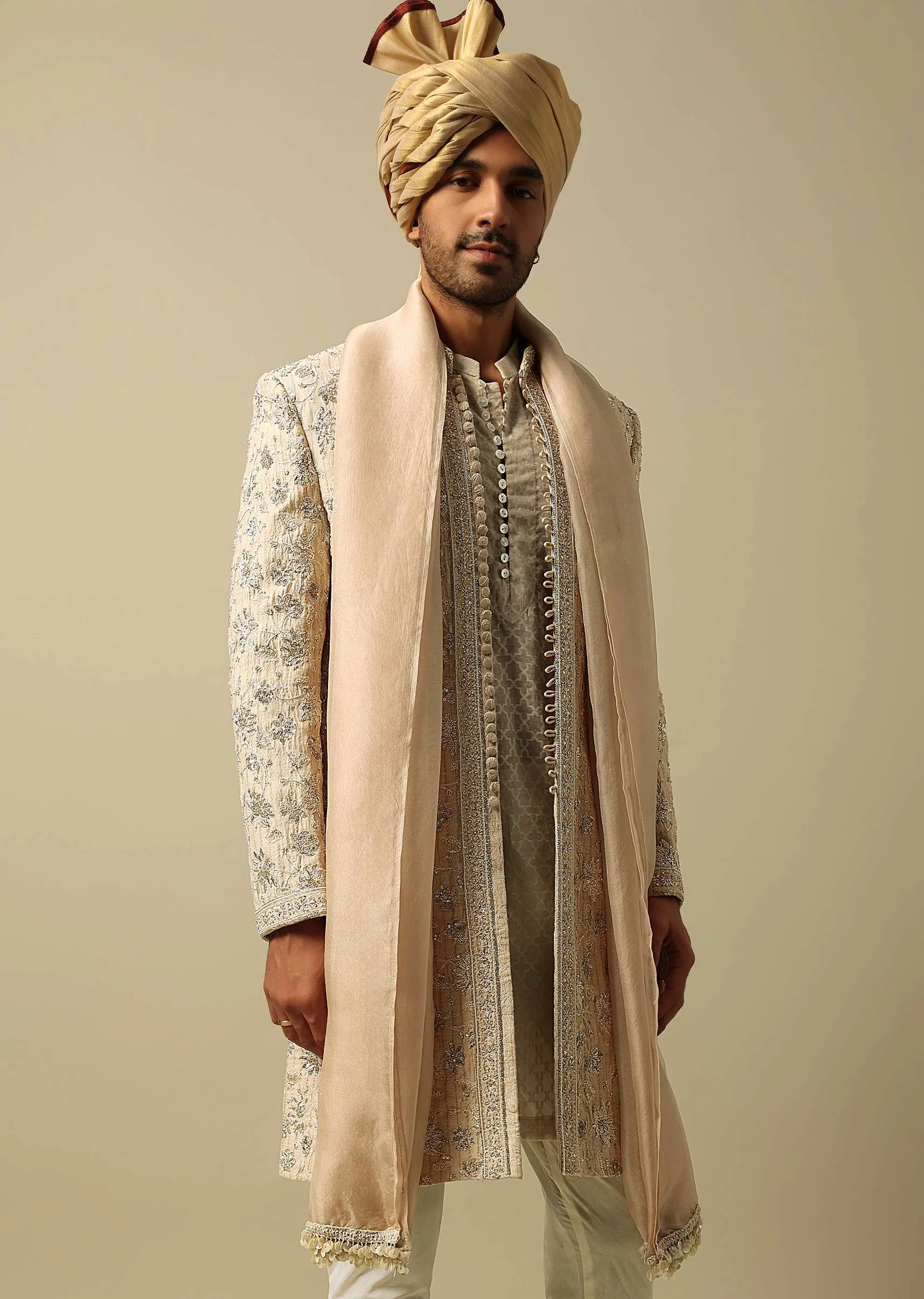 Luxurious Beige Silk Sherwani