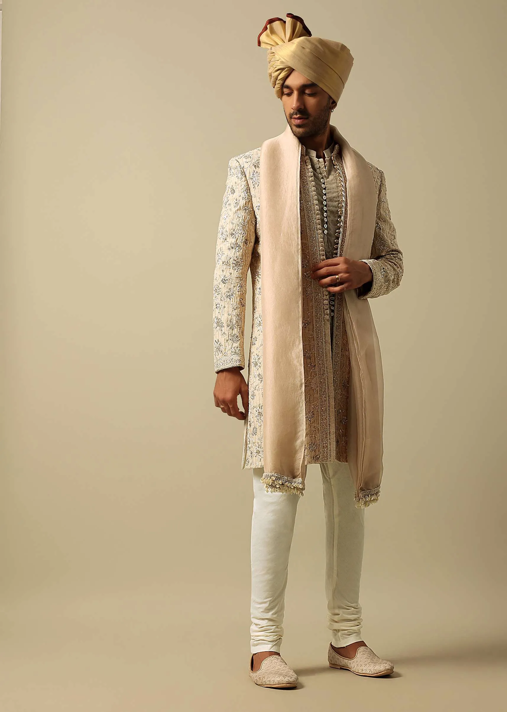 Luxurious Beige Silk Sherwani