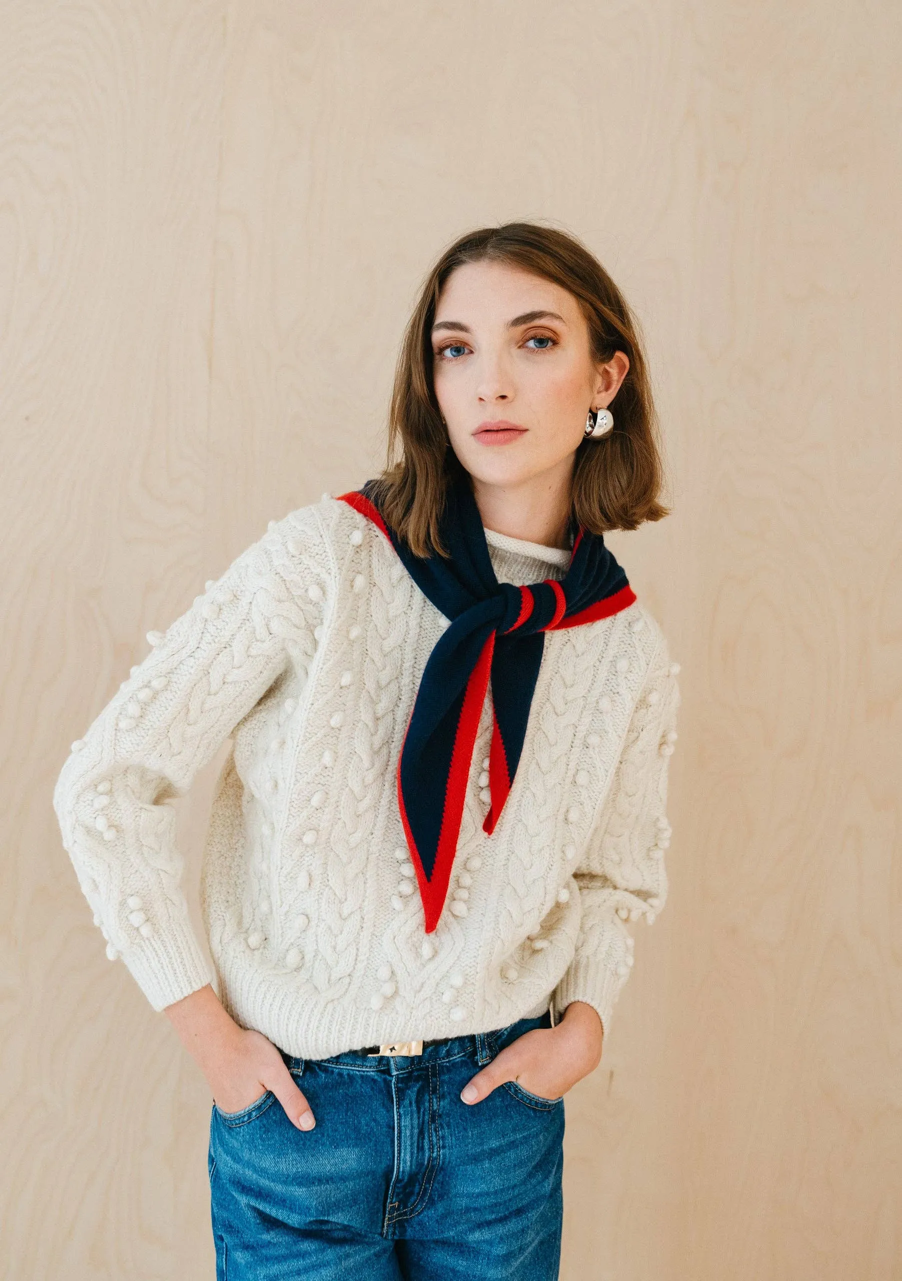 Merino Triangle Scarf in Navy & Red