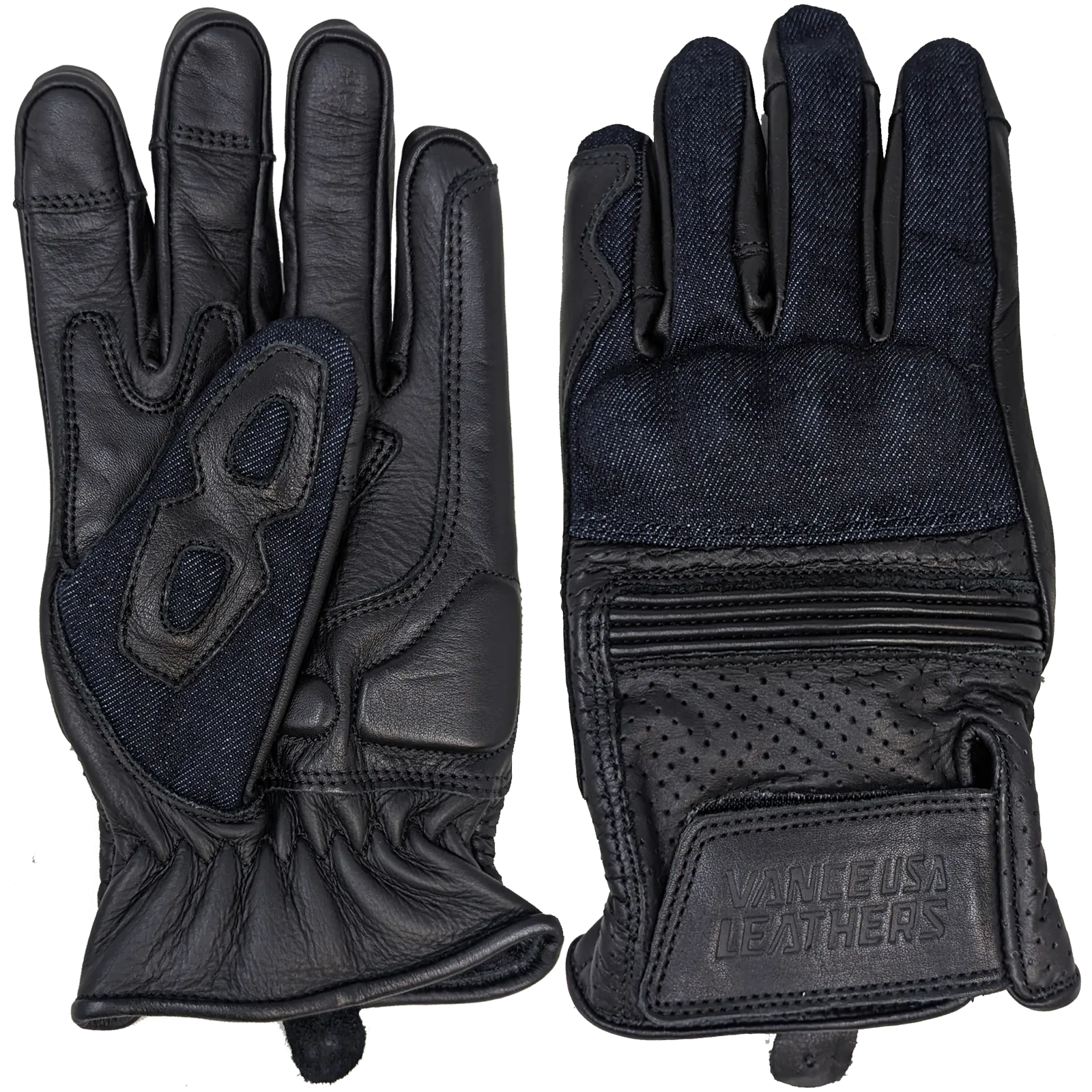 VL480B Denim & Leather Motorcycle Gloves (Black) with Mobile Phone Touchscreen