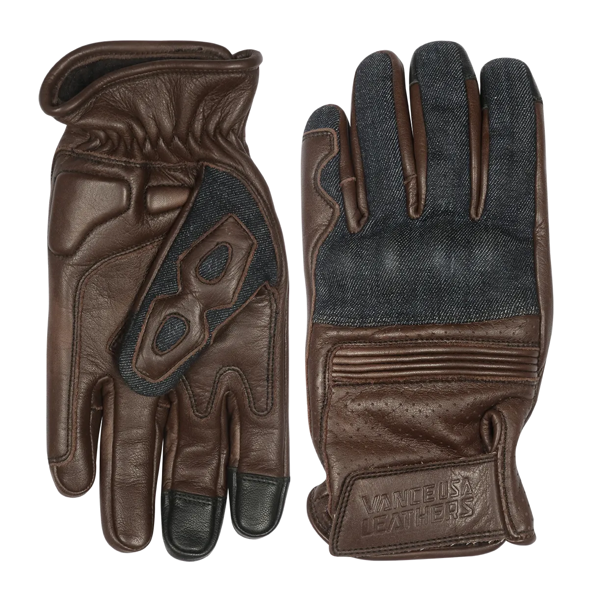 VL480Br Denim & Leather Motorcycle Gloves (Brown) with Mobile Phone Touchscreen