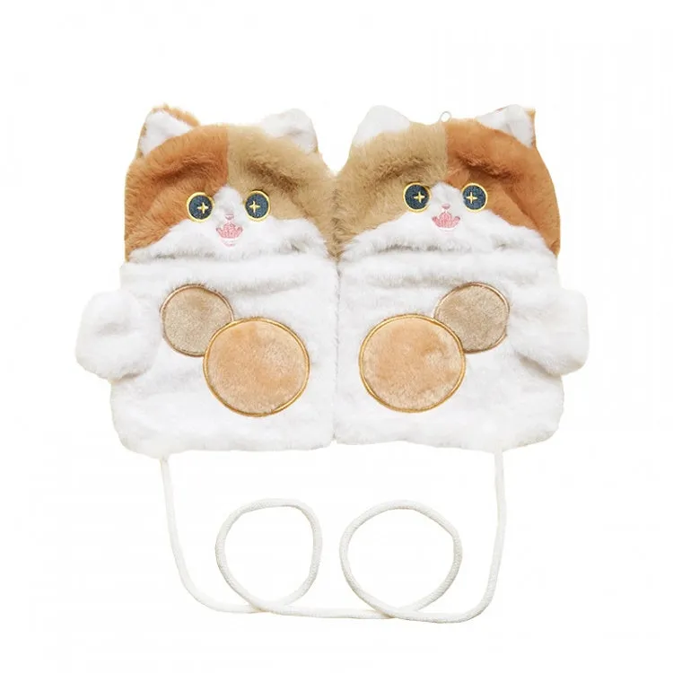 White&Brown Cute Cat-shaped Plush Gloves