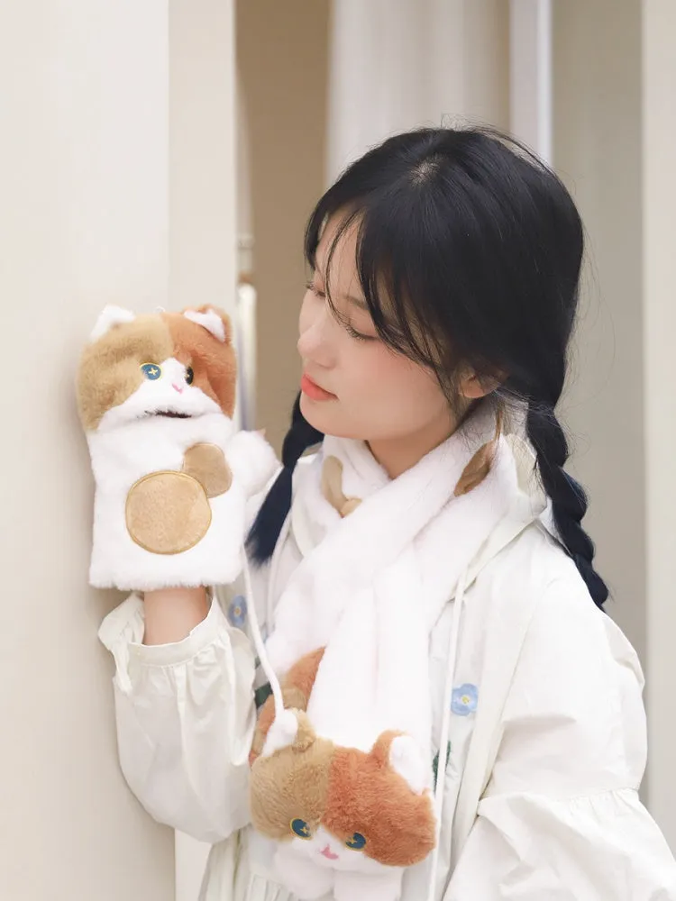 White&Brown Cute Cat-shaped Plush Gloves