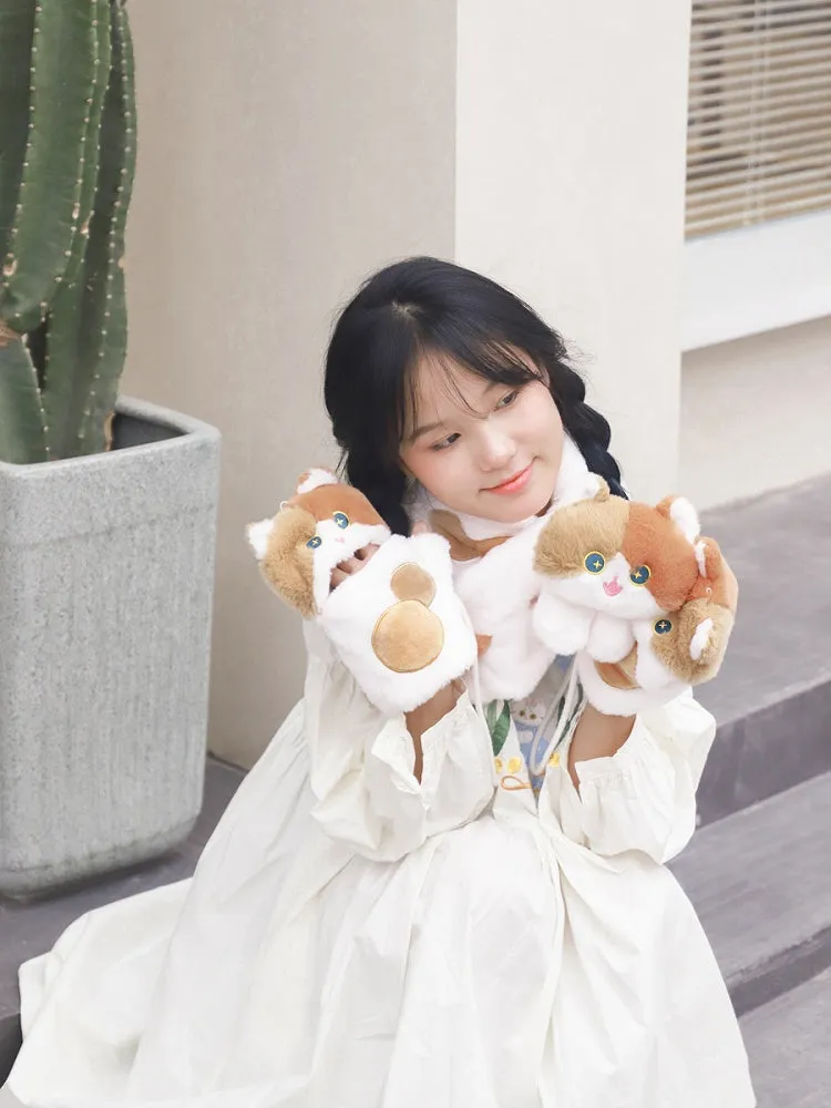 White&Brown Cute Cat-shaped Plush Gloves