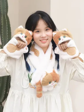 White&Brown Cute Cat-shaped Plush Gloves