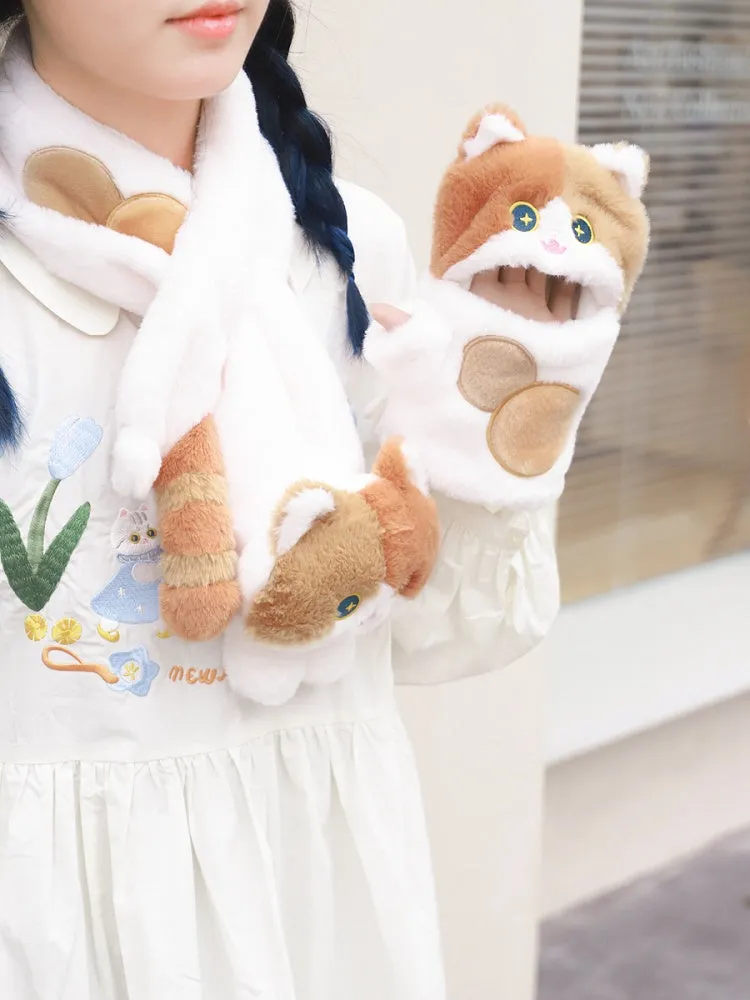 White&Brown Cute Cat-shaped Plush Gloves